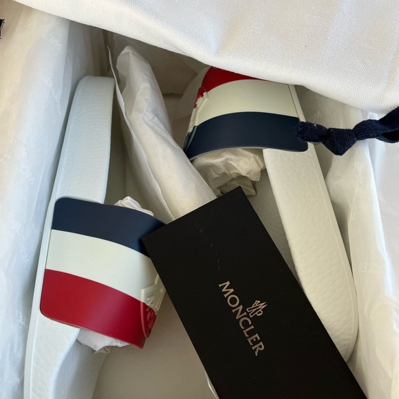 Moncler Women's Striped Logo Embossed Rubber Slide 'Jeane' Sandals in White - Picture 8 of 8